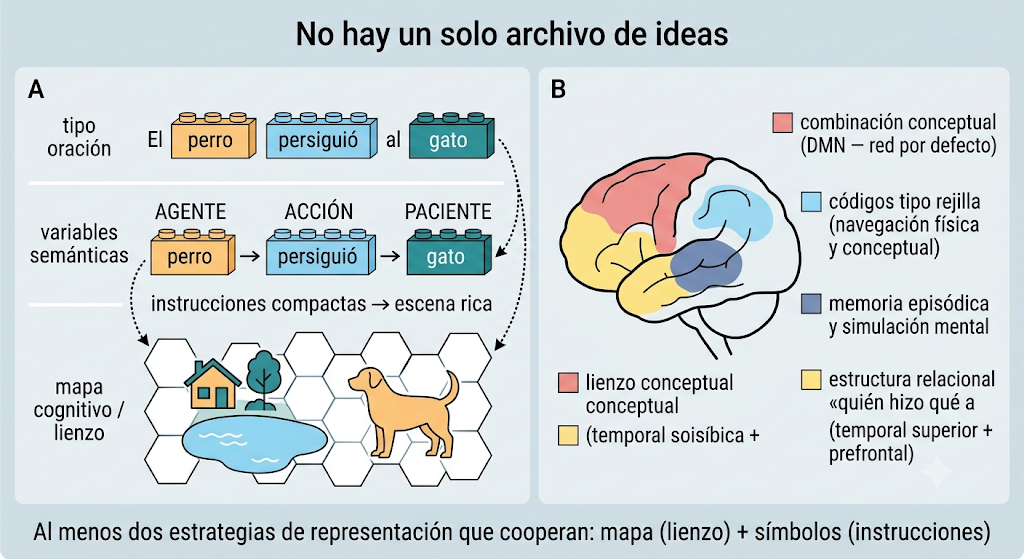 Figura. Lenguaje del pensamiento: dos formatos de representación que cooperan (mapa + símbolos)